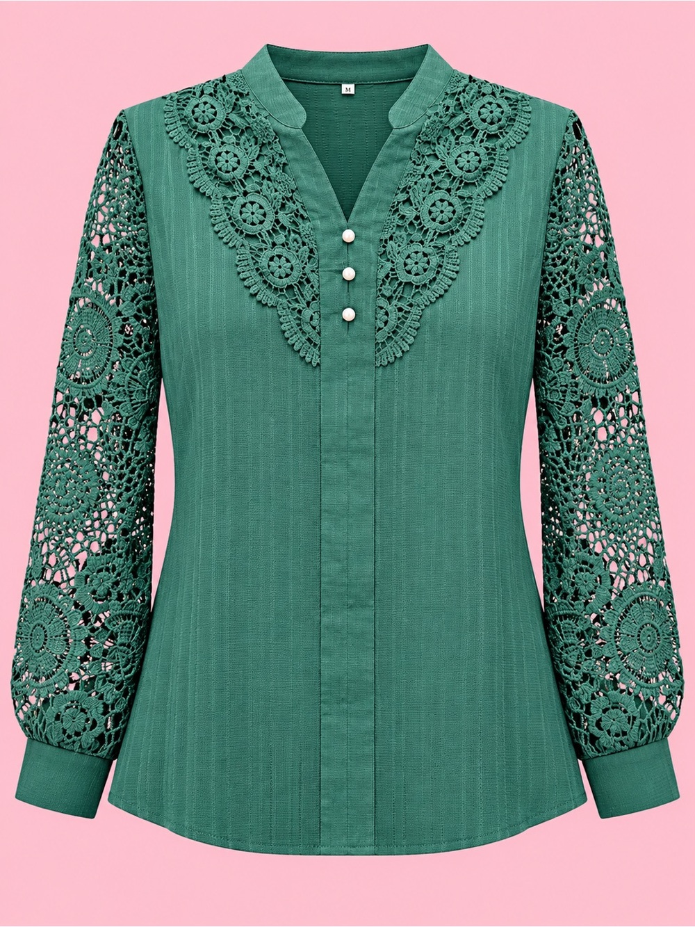 Women's Green Lace Sleeve V-Neck Top